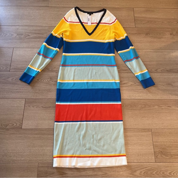 NWT J. Crew Ribbed Strip Midi Sweater Dress V-Neck Yellow Blue Orange Size L - Picture 2 of 6